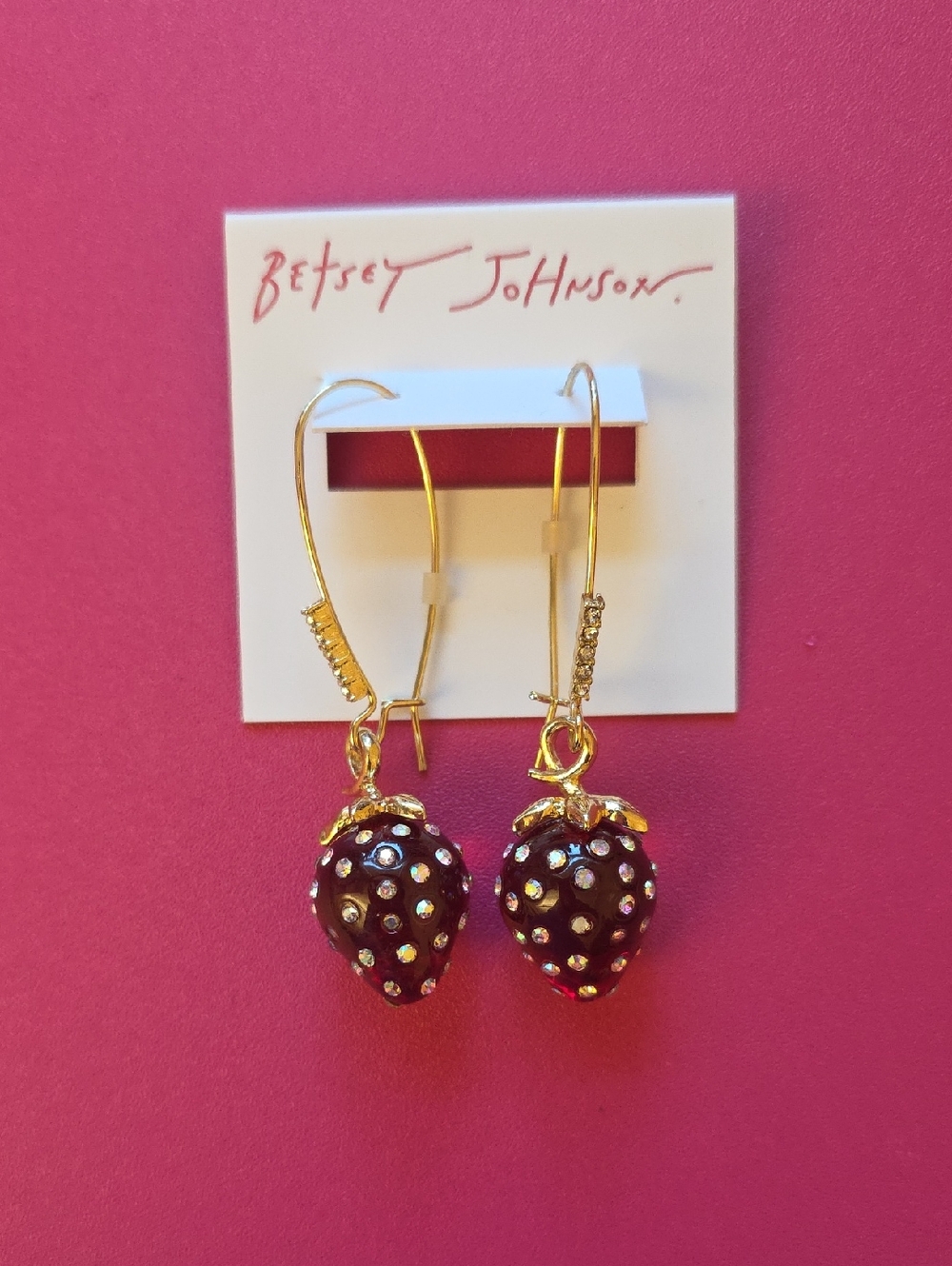 Betsey Johnson Gold-Tone Red Strawberry Drop Earrings with Clear Crystals